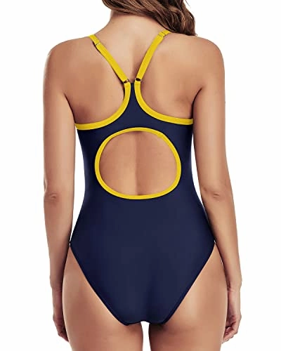 Squared Neckline V-Back One Piece Swimsuits For Women-Navy