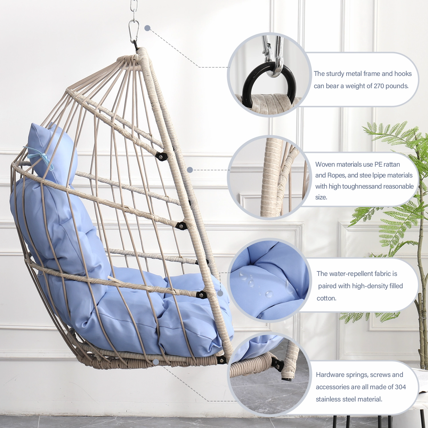 Streamdale Outdoor garden rattan egg swing chair hanging chair PE hanging chair blue
