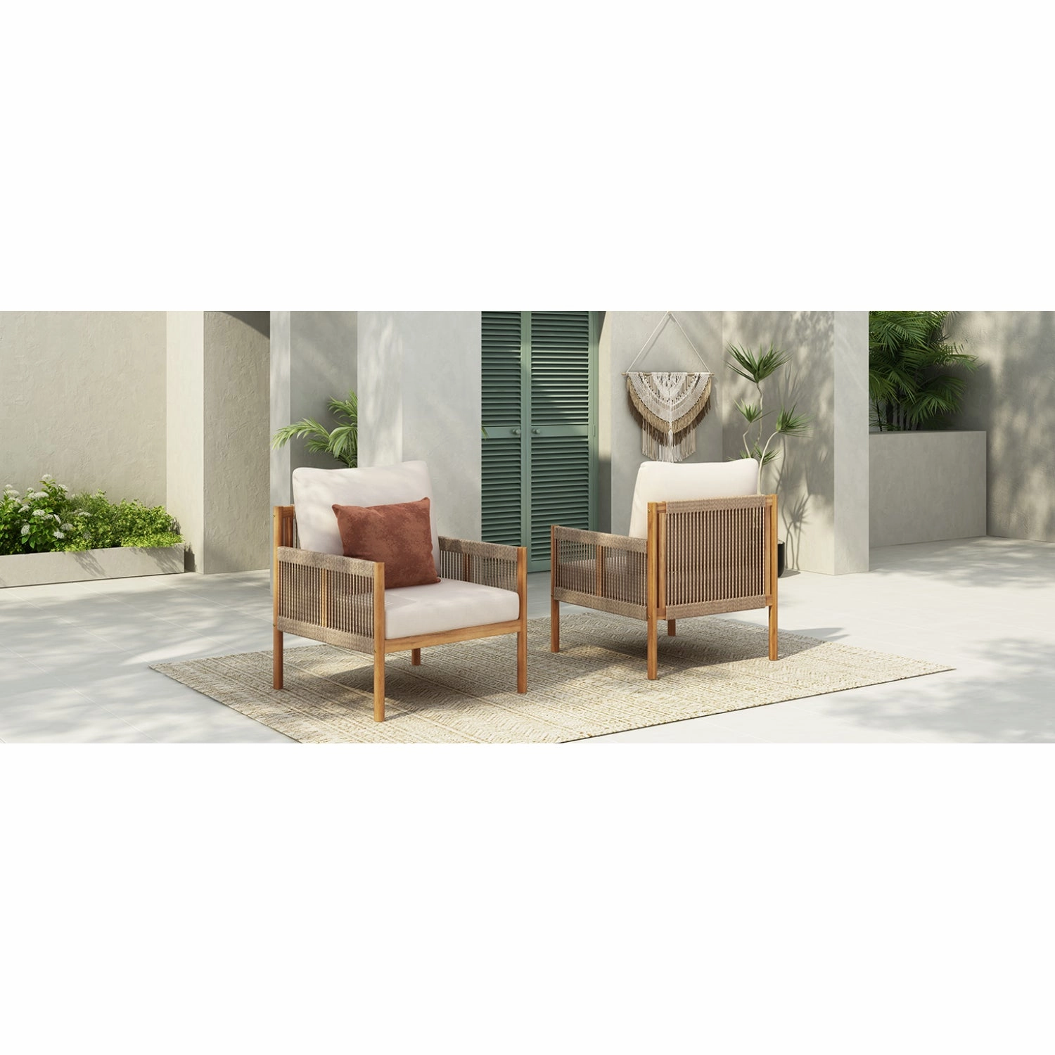 Streamdale Woven Outdoor Lounge Chairs - Wood Frame & Cushions (Set of 2)