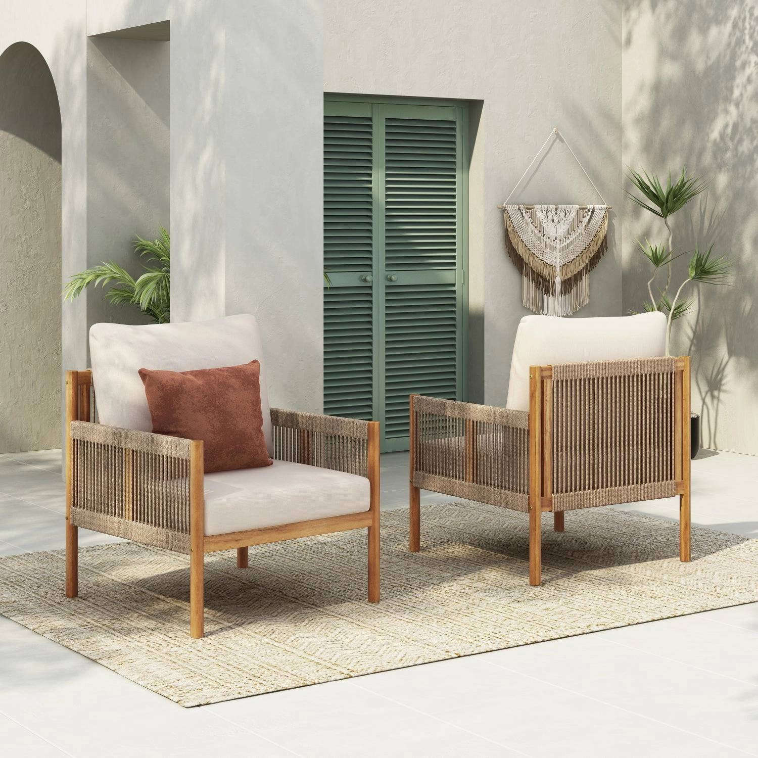 Streamdale Woven Outdoor Lounge Chairs - Wood Frame & Cushions (Set of 2)