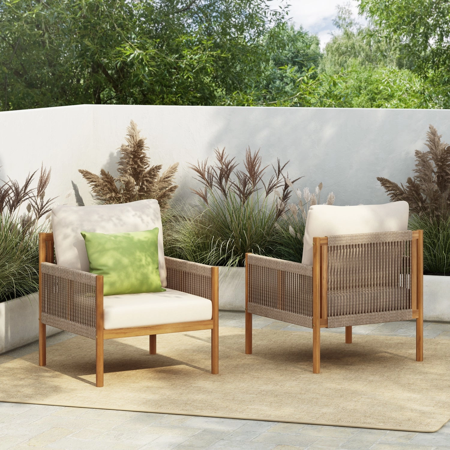 Streamdale Woven Outdoor Lounge Chairs - Wood Frame & Cushions (Set of 2)