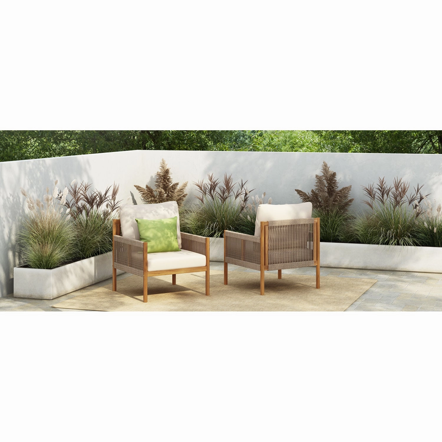 Streamdale Woven Outdoor Lounge Chairs - Wood Frame & Cushions (Set of 2)