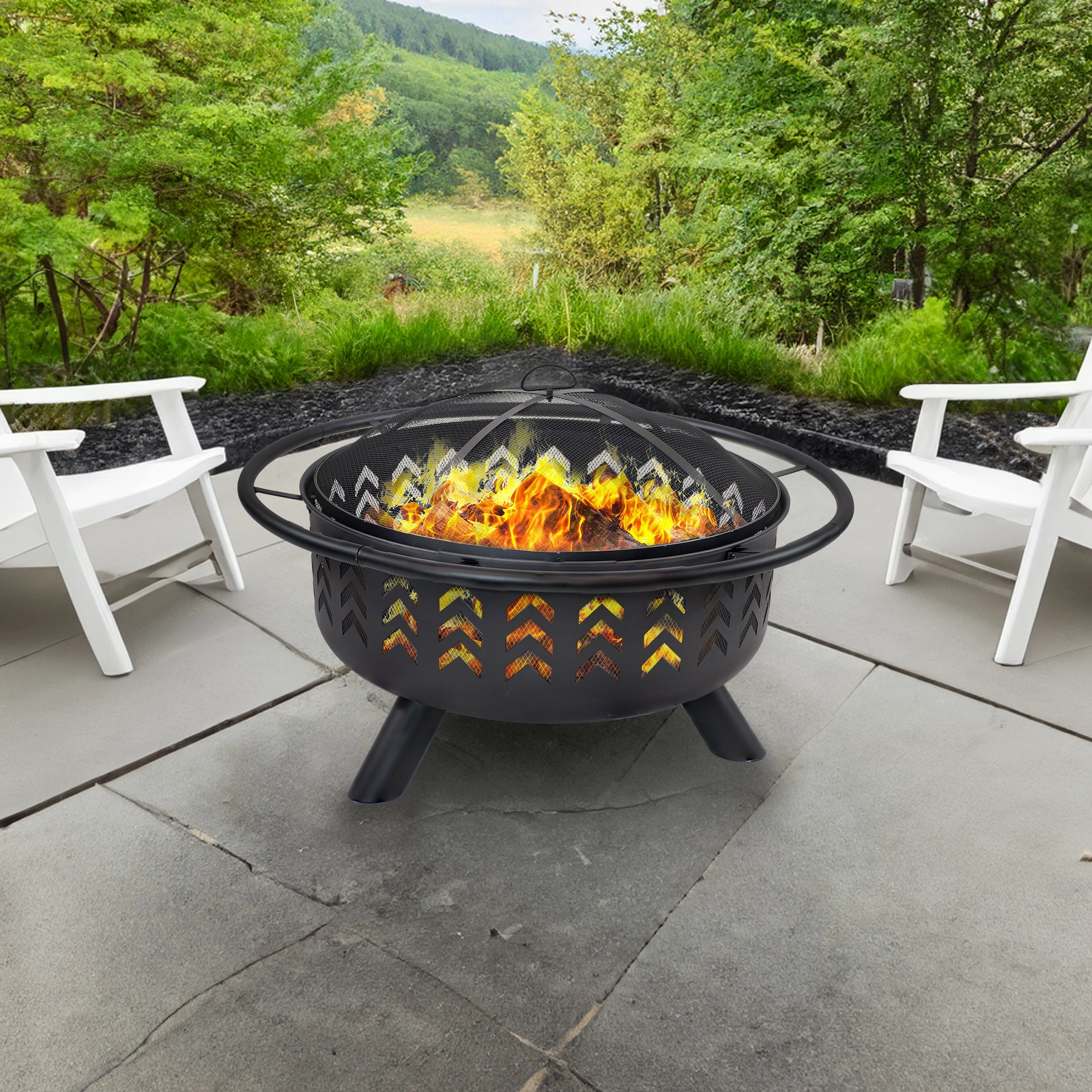 Sunnydaze Arrow Motif Heavy-Duty Steel Fire Pit with Spark Screen, Built-In Grate, and Cover - 36-Inch Round - Black