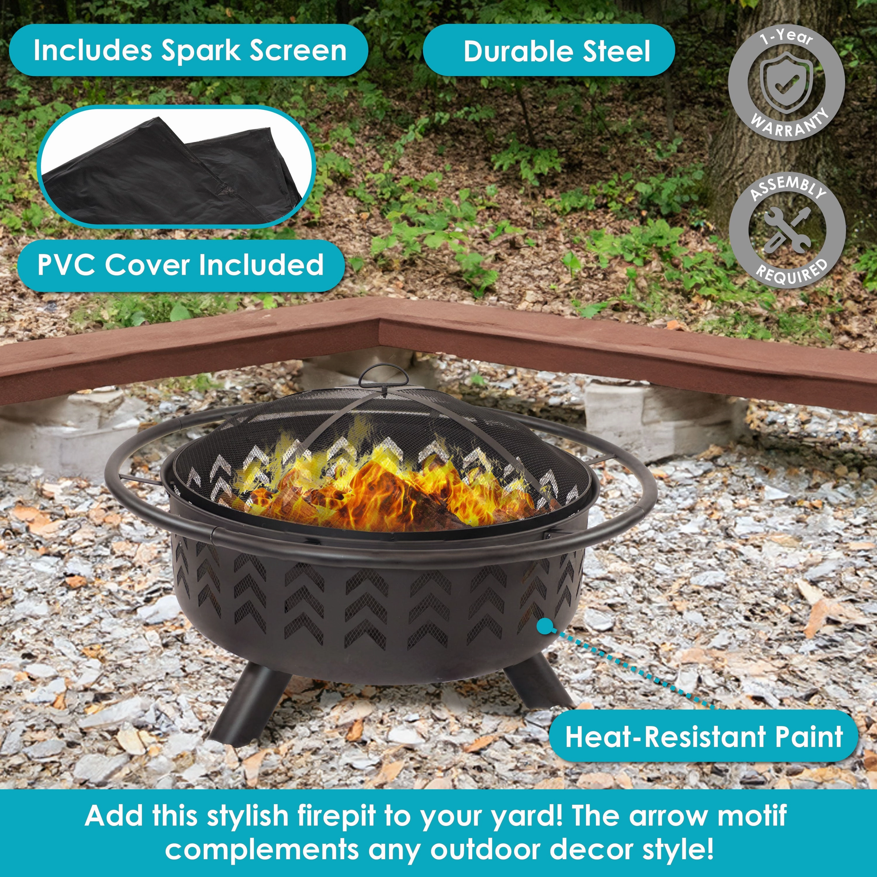 Sunnydaze Arrow Motif Heavy-Duty Steel Fire Pit with Spark Screen, Built-In Grate, and Cover - 36-Inch Round - Black