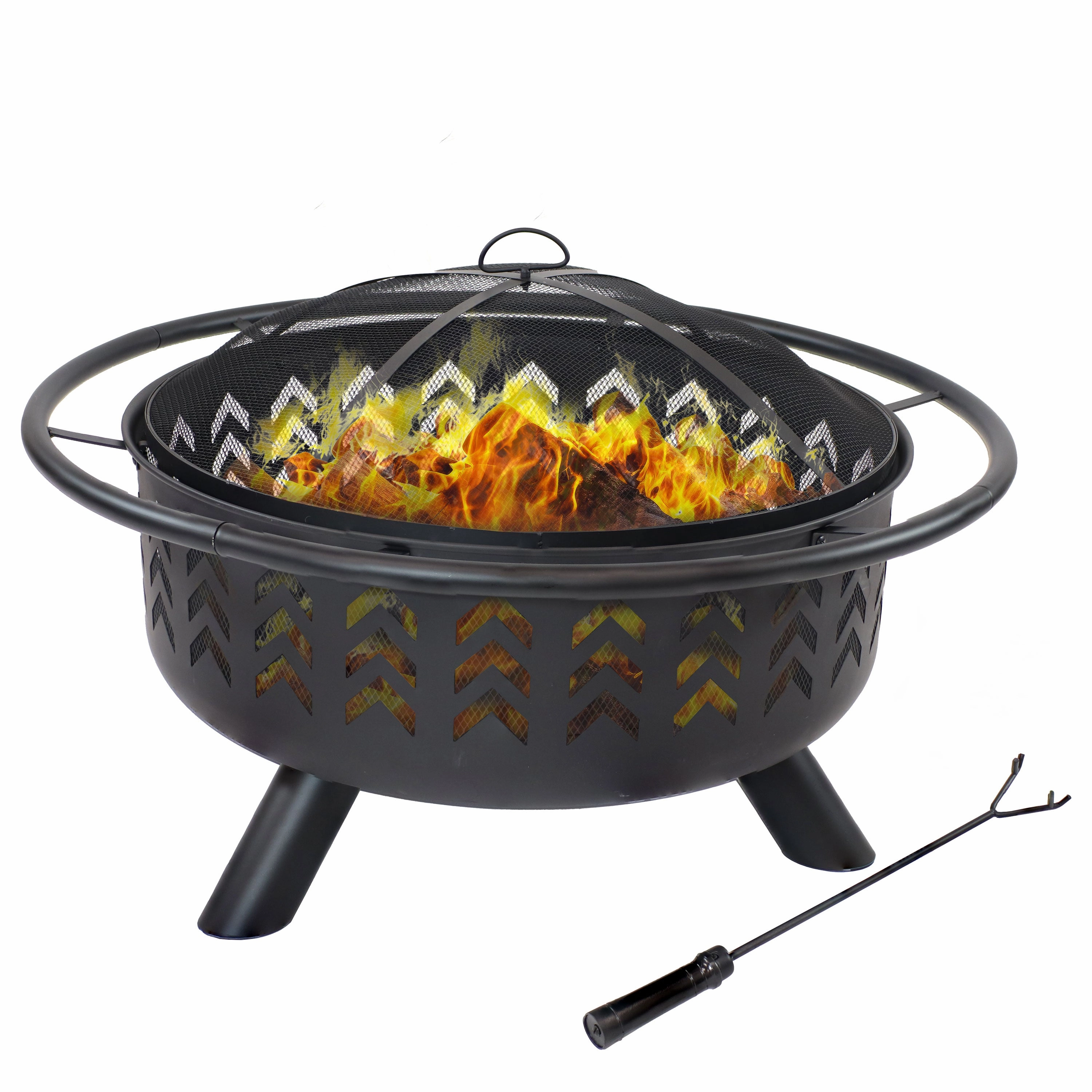 Sunnydaze Arrow Motif Heavy-Duty Steel Fire Pit with Spark Screen, Built-In Grate, and Cover - 36-Inch Round - Black