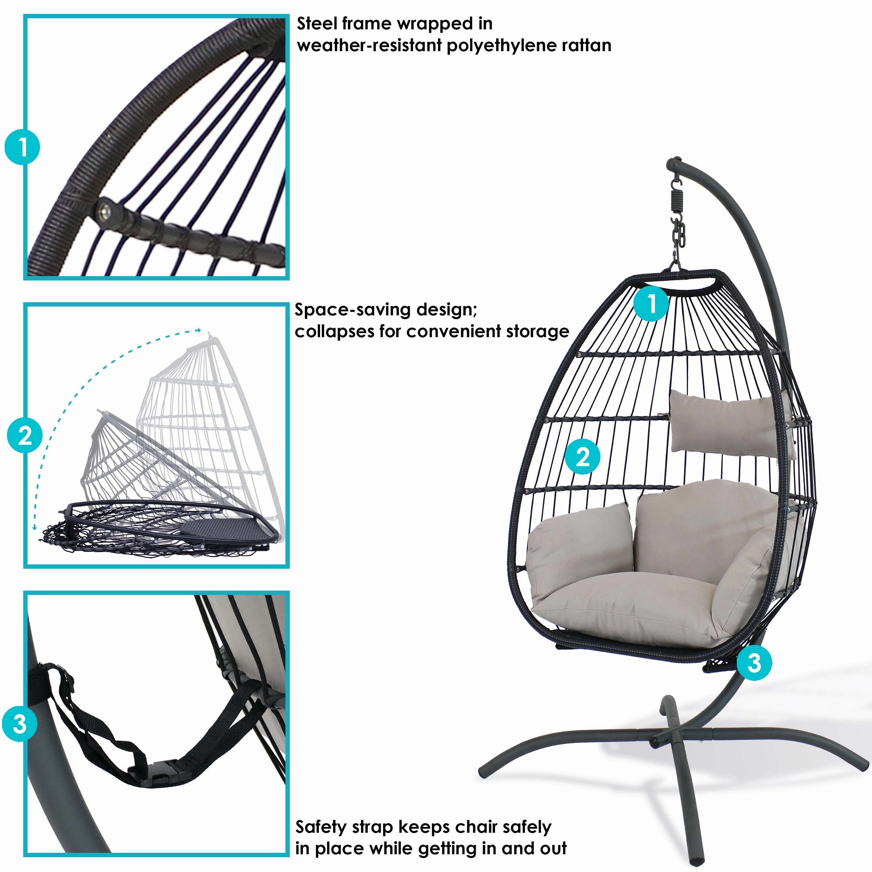 Sunnydaze Outdoor Resin Wicker Patio Oliver Lounge Hanging Basket Egg Chair Swing with Cushions, Headrest, and Steel Stand Set - Gray - 3pc