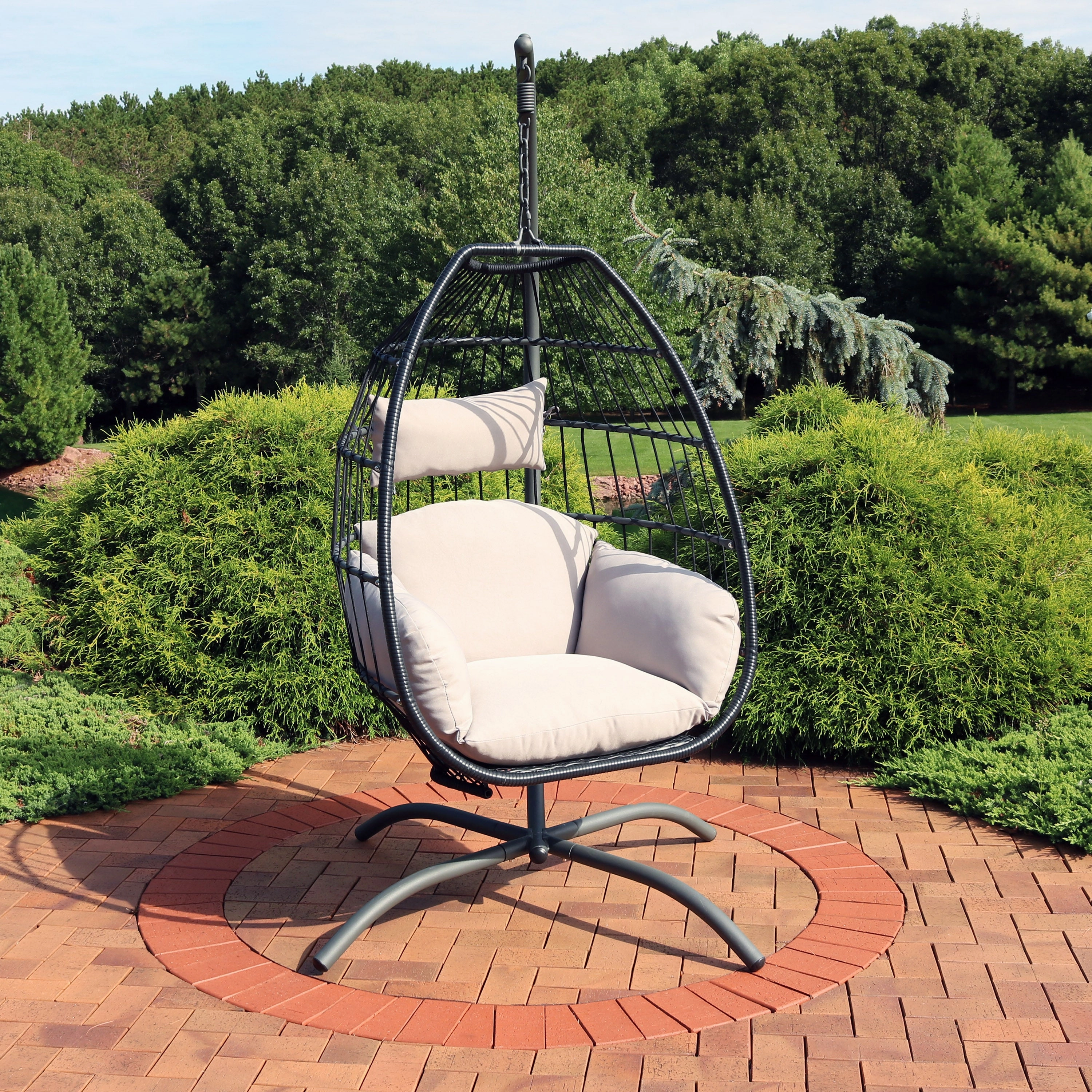 Sunnydaze Outdoor Resin Wicker Patio Oliver Lounge Hanging Basket Egg Chair Swing with Cushions, Headrest, and Steel Stand Set - Gray - 3pc