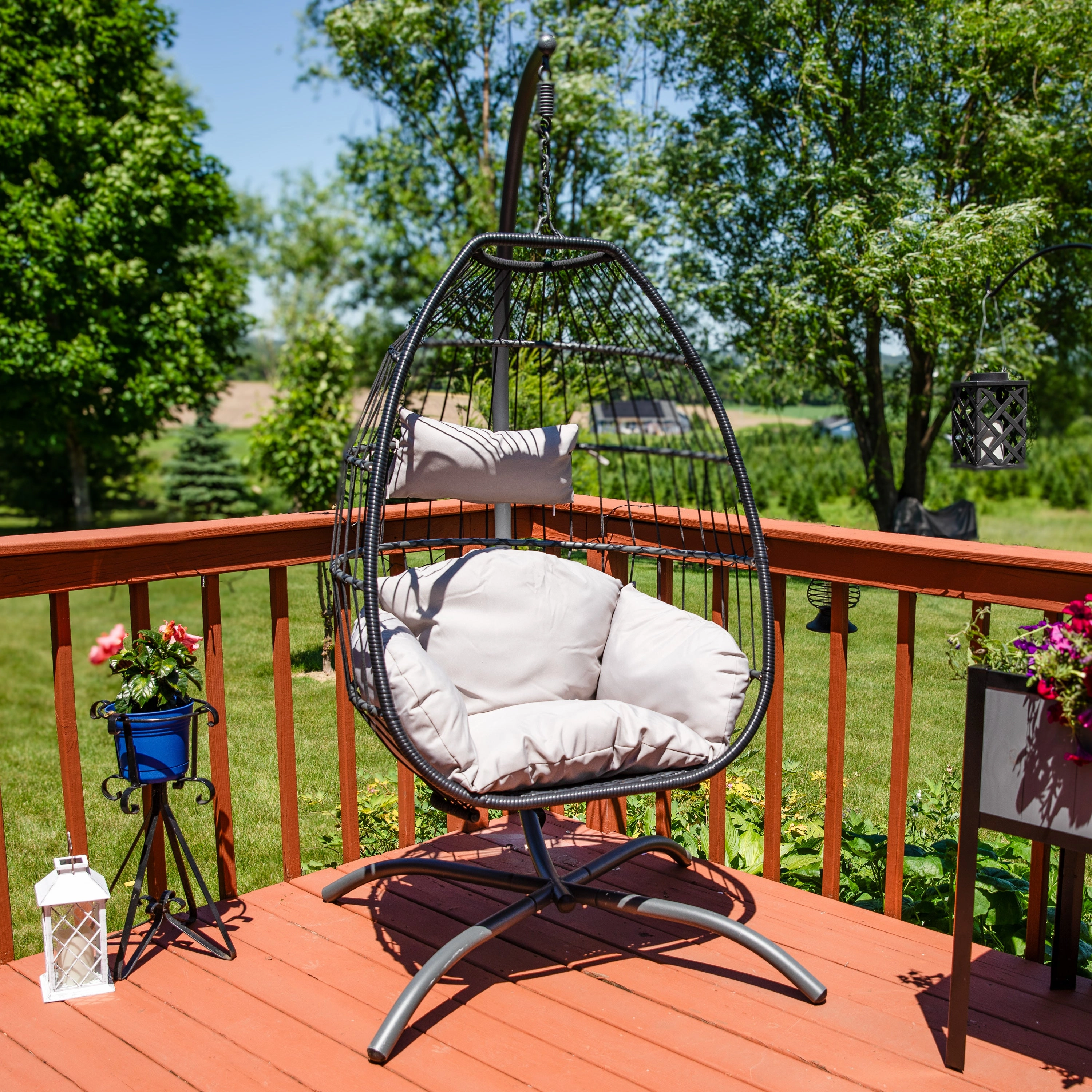 Sunnydaze Outdoor Resin Wicker Patio Oliver Lounge Hanging Basket Egg Chair Swing with Cushions, Headrest, and Steel Stand Set - Gray - 3pc