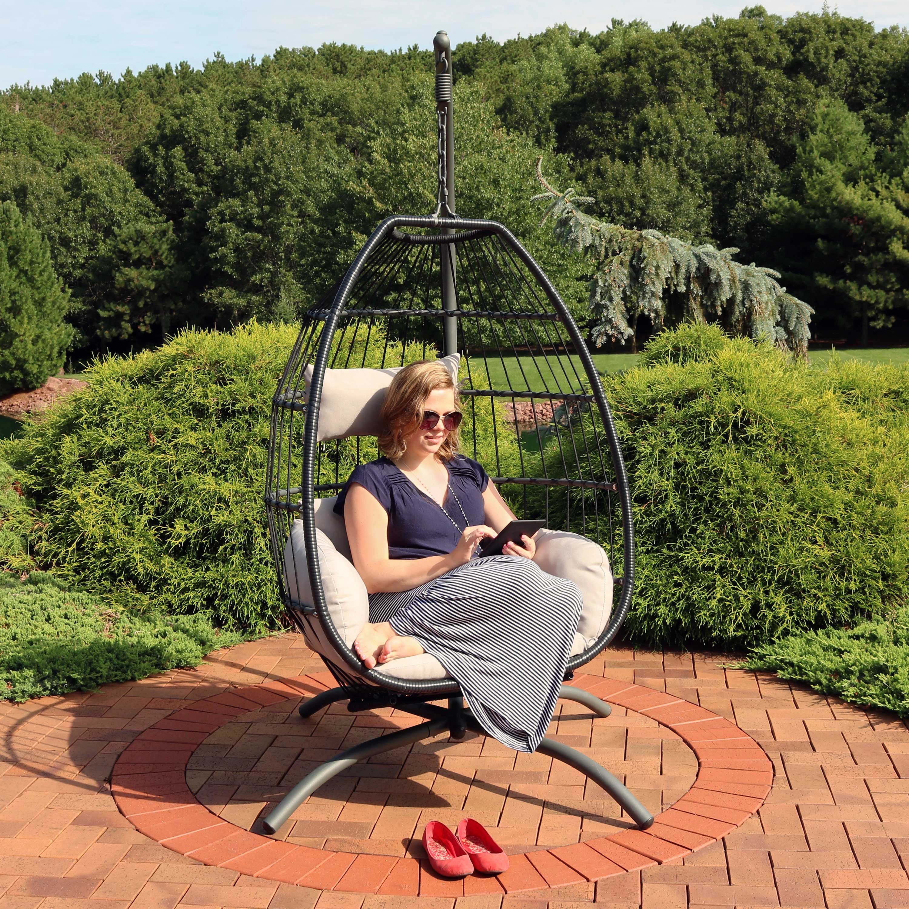 Sunnydaze Outdoor Resin Wicker Patio Oliver Lounge Hanging Basket Egg Chair Swing with Cushions, Headrest, and Steel Stand Set - Gray - 3pc