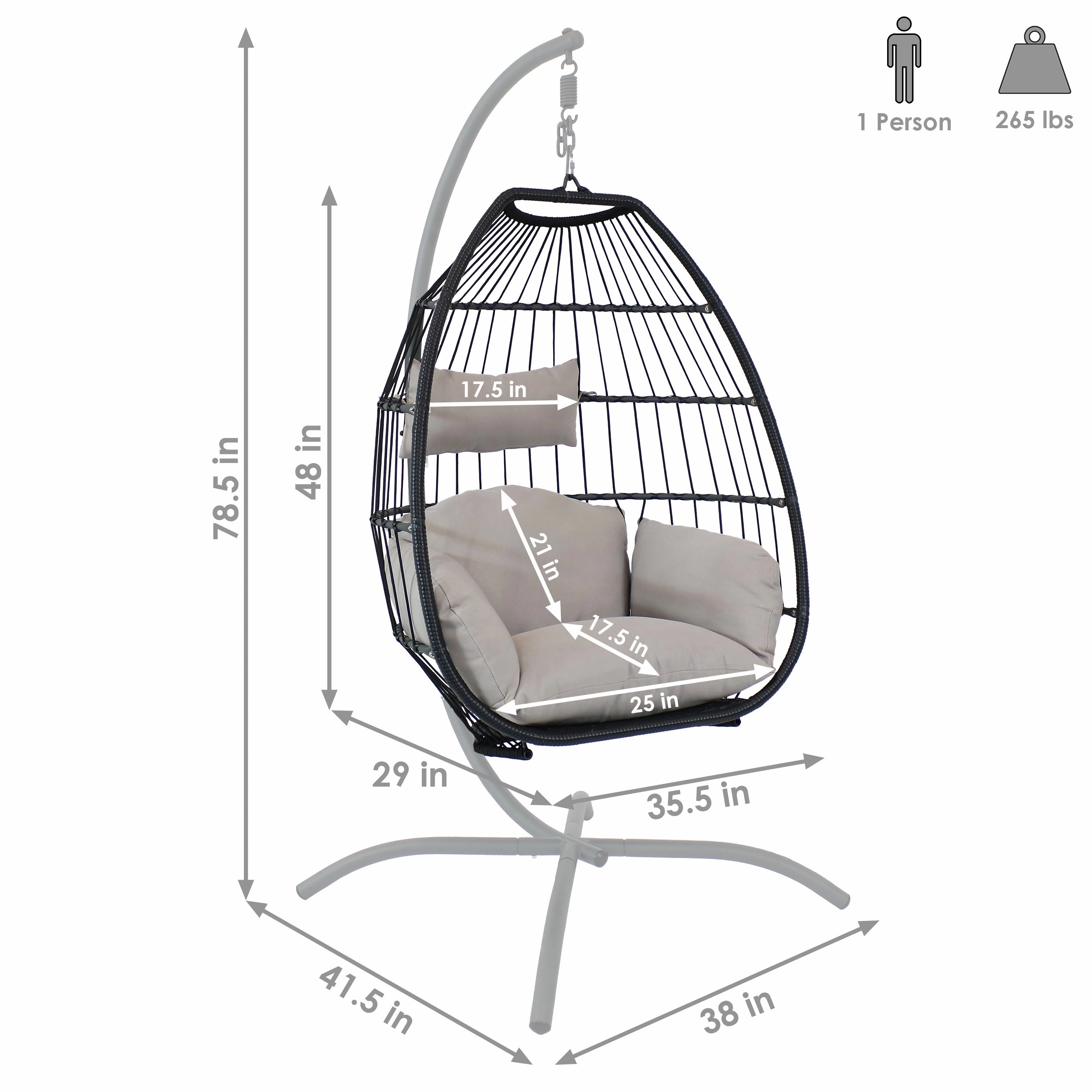 Sunnydaze Outdoor Resin Wicker Patio Oliver Lounge Hanging Basket Egg Chair Swing with Cushions, Headrest, and Steel Stand Set - Gray - 3pc