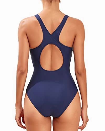 Women's Athletic Racerback Full Coverage One Piece Swimsuit-Navy Blue